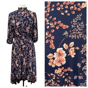 Nanette Lepore Floral Navy Peach High Neck High Low Hem Dress SZ 10